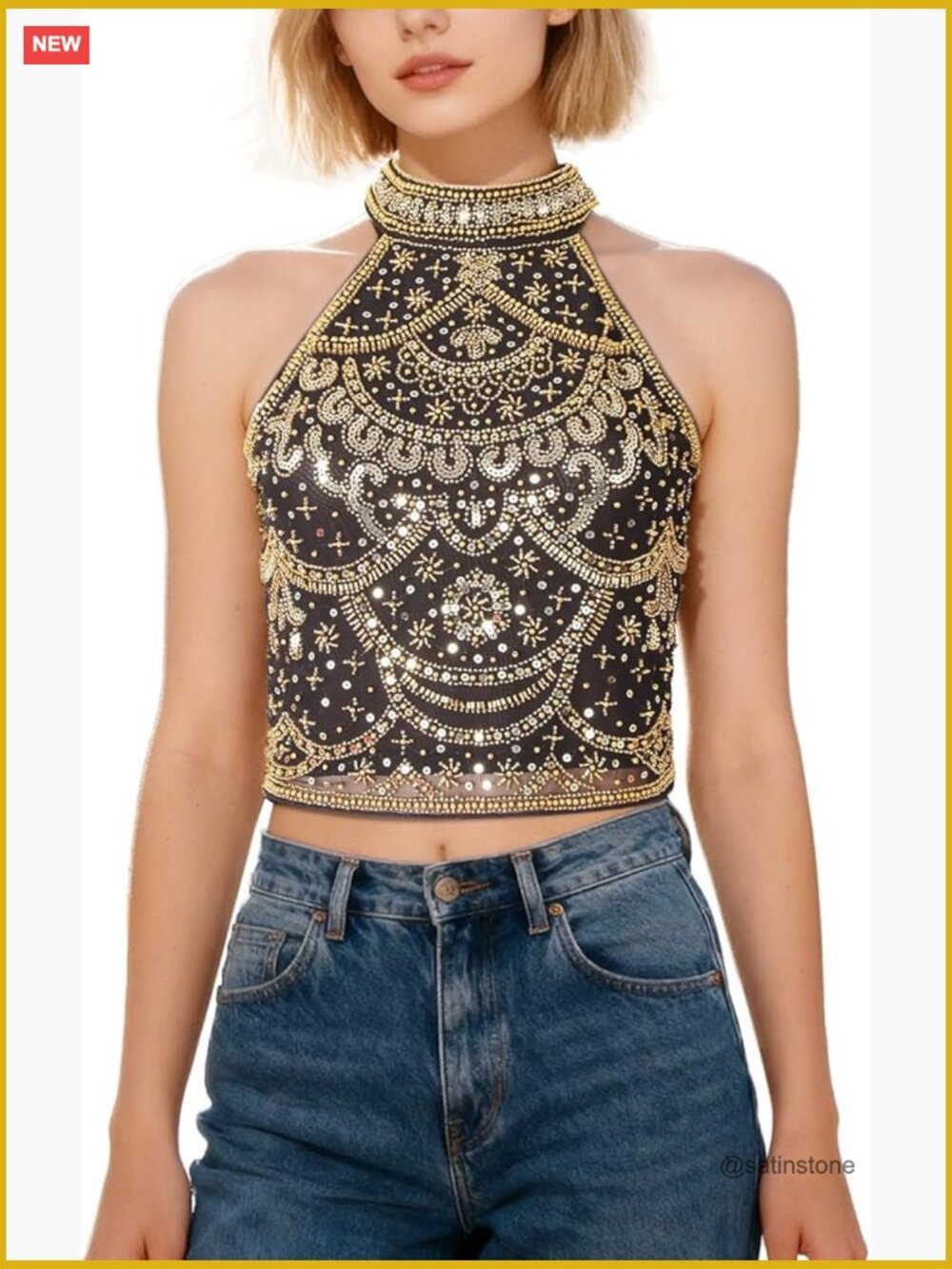 Women's Halter High Neck Sequin Beaded Cropped Cami Top - Elegant Sparkly